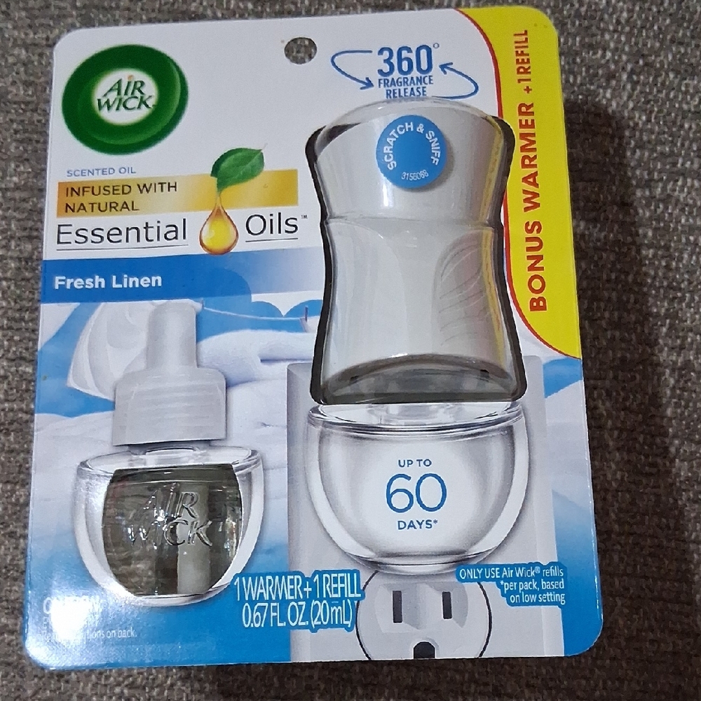 Air Wick Essential Oils Fresh Linen Plug-In Warmer & Refill (White)